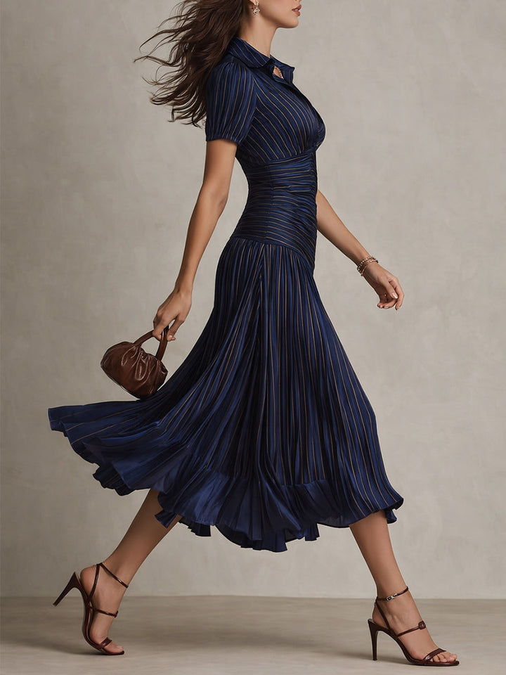 Retro Striped Satin Pleated Bodycon Midi Dress