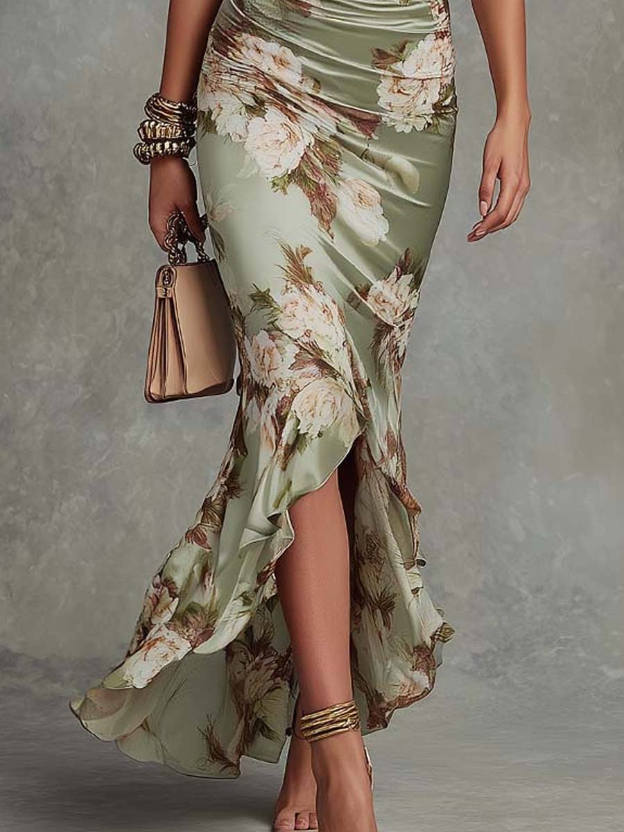 Aveline | Ruched Floral Slit Dress