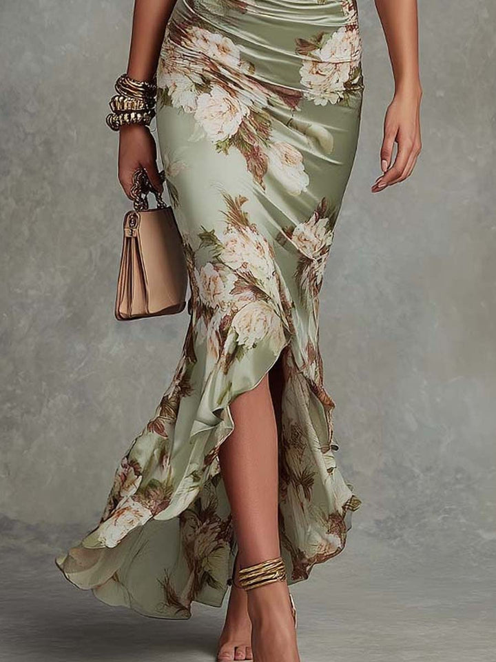 Aveline | Ruched Floral Slit Dress
