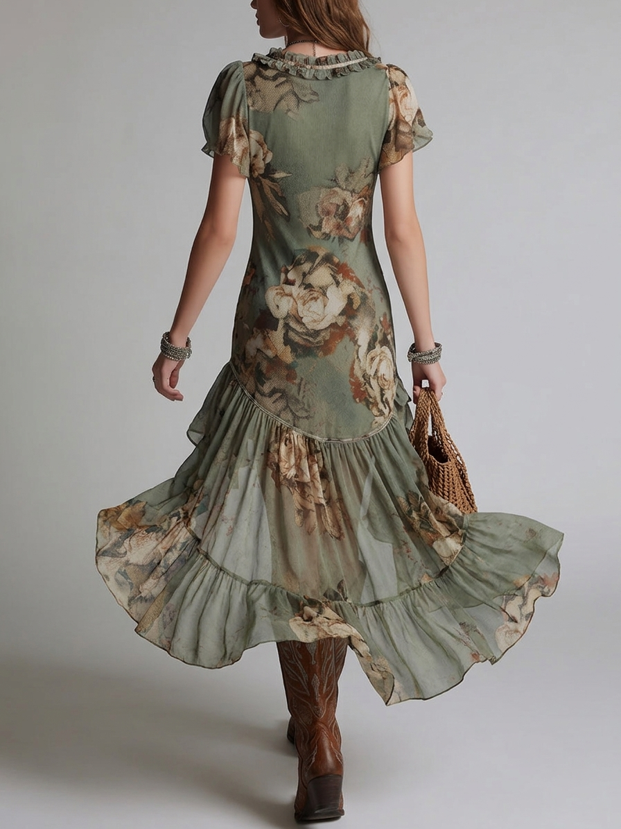 Elowen | Vintage Floral Ruffle Dress