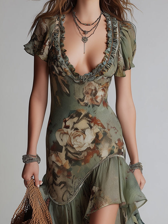 Elowen | Vintage Floral Ruffle Dress