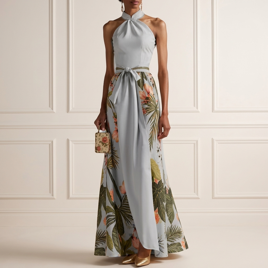 Seraphina | Soft Sage Tropical Halter Maxi Dress
