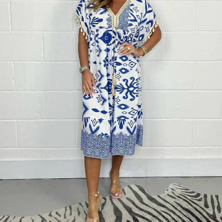 Printed A Line Dress V Neck Drawstring Waist